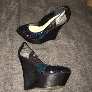 Black Silver Dark Blue Sequin Wedge